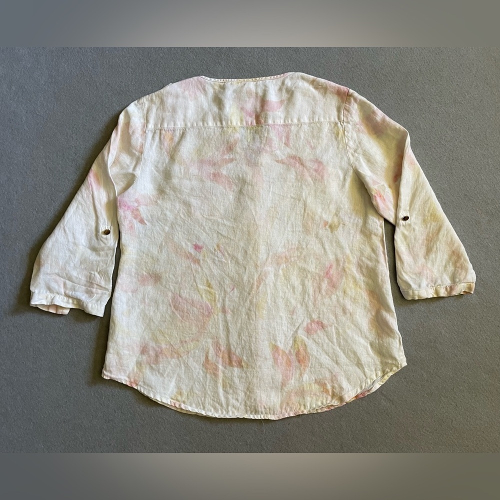 JM Collection Size 12P Women’s Button-Front Linen Top Pink Yellow Tie Dye Blouse - Picture 6 of 6